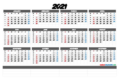 2021 Free Printable Yearly Calendar With Week Numbers Premium Templates