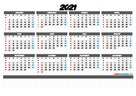 Free, easy to print pdf version of 2021 calendar in various formats. 2021 Free Printable Yearly Calendar with Week Numbers (6 Templates)