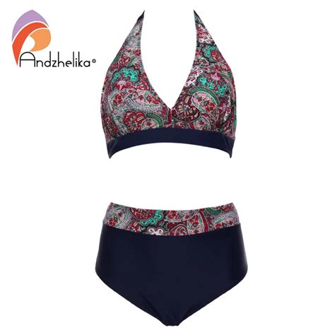 Andzhelika Plus Size Swimwear High Waist Swimsuit Deep V Bikini New Vintage Print Floral Bikini