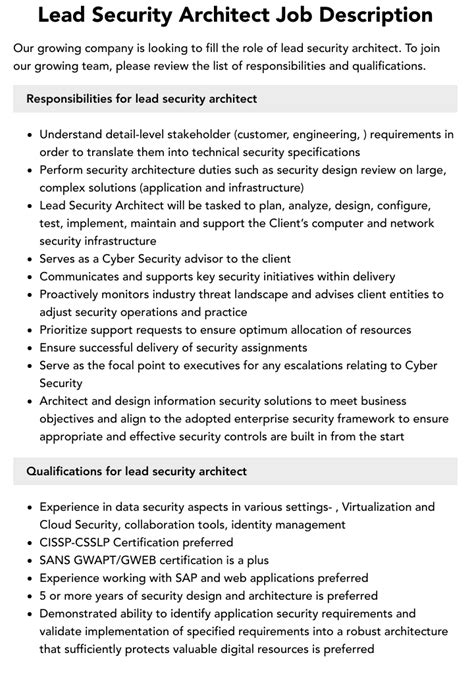 Lead Security Architect Job Description Velvet Jobs