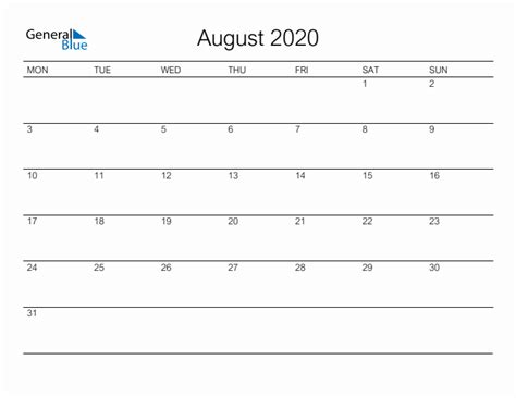 Printable August 2020 Monthly Calendar Monday Start