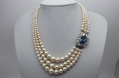 Beautiful Faux Three Strand Pearl Necklace With Blue Stone And Diamantes Gift Idea Something
