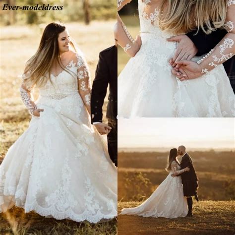 Plus Size Country Lace Wedding Dresses A Line V Neck Illusion Long Sleeves Bridal Gowns 2019