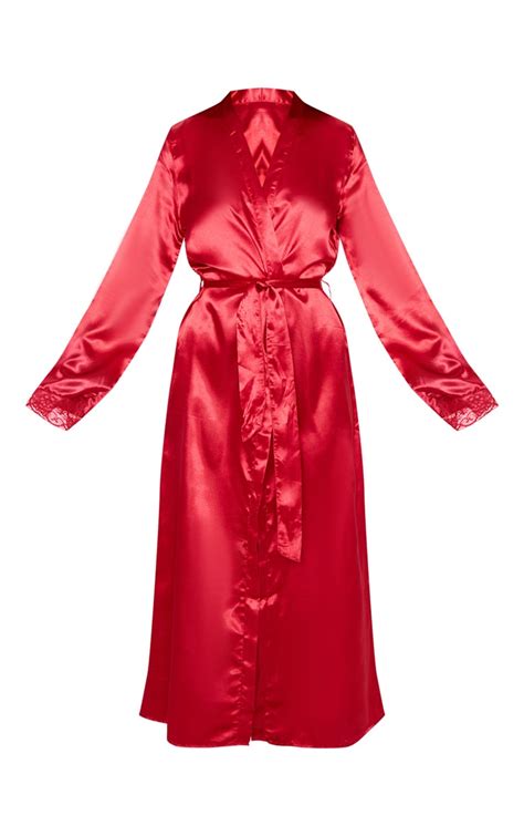 red long lace trim satin robe prettylittlething usa