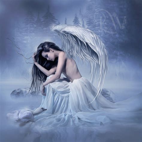 Beautiful Fantasy Angel Woman With Swan In Lake Blue Art Print Etsy