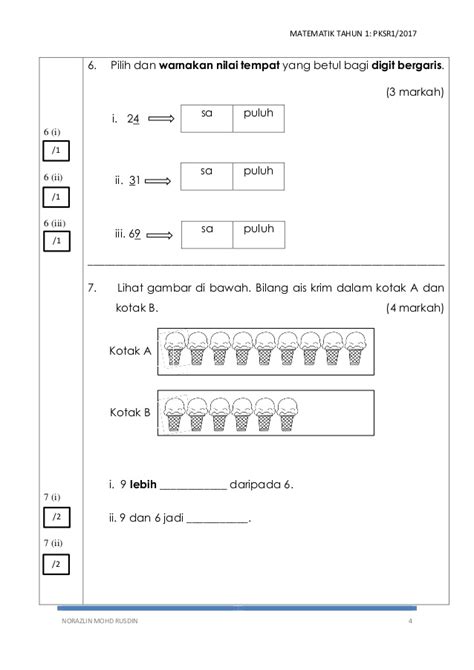 Bilangan epal dan oren adalah sama banyak. Matematik Tahun 1 PKSR 1 Kertas 2 2017