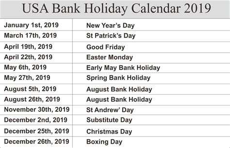 Us Bank Holidays Calendar 2019 Holiday Calendar School Holiday