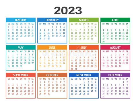 2023 Year Calendar Week Starts On Sunday Template Stock Vector