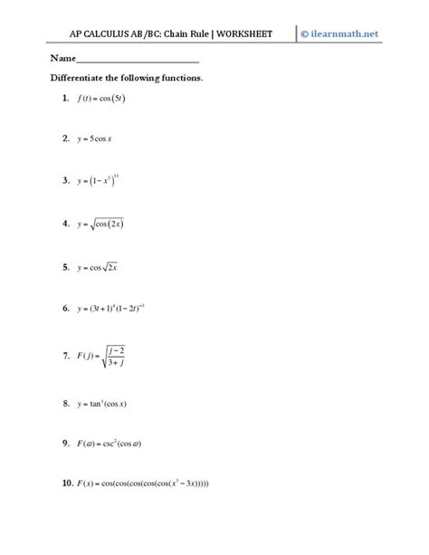 Write a function for each problem, and justify your answers. CHAIN RULE WORKSHEET | 2010- 2011 | AP CALCULUS AB/BC