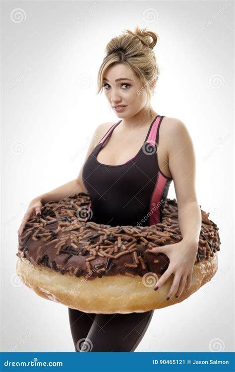 Large Donut Around Woman Stock Image Image Of Chocolate 90465121
