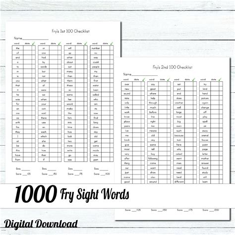 10 Fry Sight Word Checklists 1000 High Frequency Sight Etsy Australia