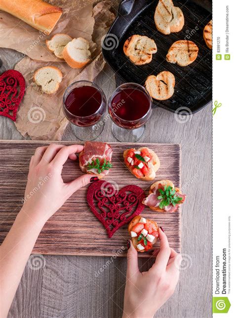 Bruschetta Woman Is Cooking Romantic Dinner Top View