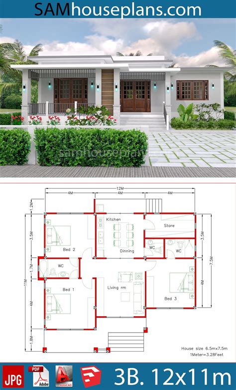 House Plans 12x11m With 3 Bedrooms Sam House Plans Village House