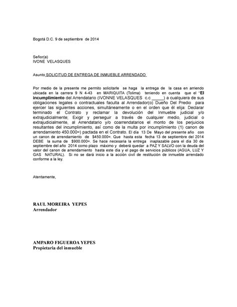 Modelo De Carta Para Pedir Un Inmueble Arrendado 2024