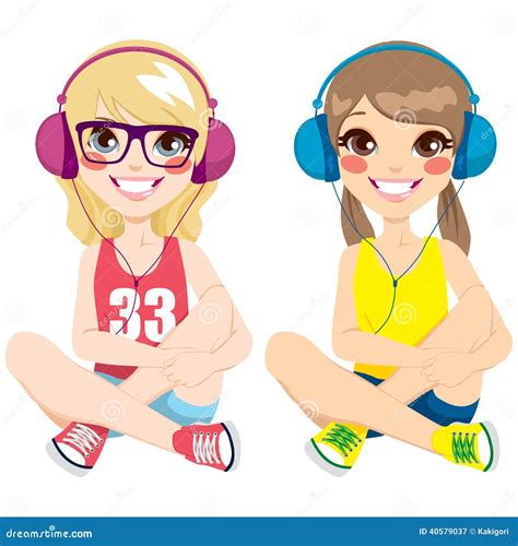 Teenager Girls Listening Music Stock Vector Illustration Of Character