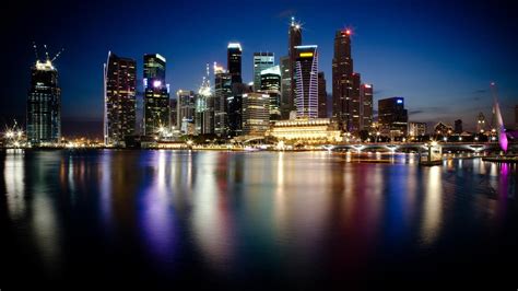 Singapore Night Town Metropolis Skyscraper Lights Water Reflection