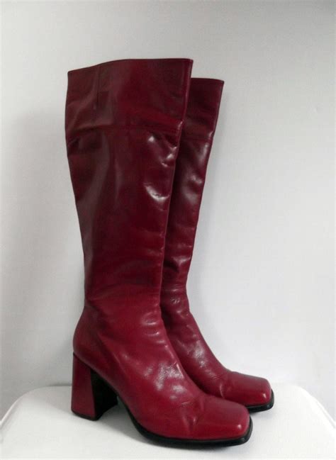 1980s tall leather boots aldo red knee high chunky heel size