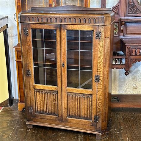 Vintage Carved Oak Linenfold Two Door Bookcase Treasure Trove