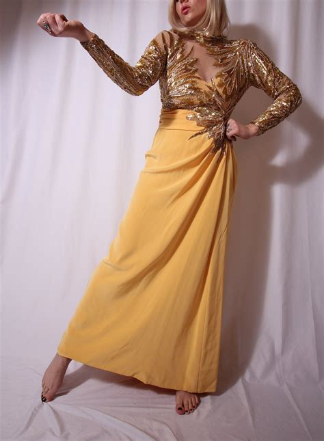 Vintage Rare Bob Mackie Yellow Gold Beaded Gown Formal Special Dress Sheer Metallic