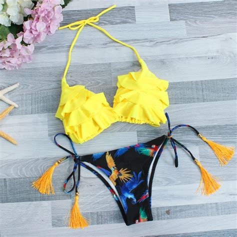 Sexy Bikini 2017 New Swimwear Women Four Layers Of Flowers Split Ladies