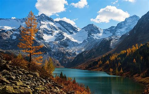 Russia Altai Mountains Snow Water Nature Mountains Orange Green