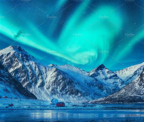 Northern Lights Above Snowy Mountain By Den Belitsky On Creativemarket