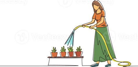 Continuous One Line Drawing Young Woman Watering Potted Plants With