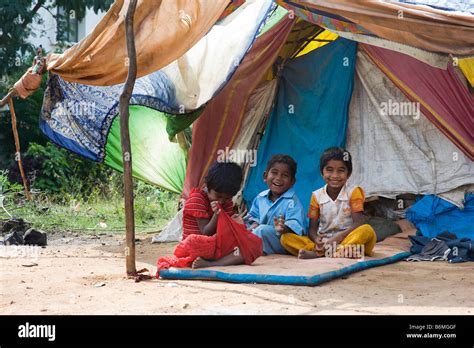 Happy Poor Indian Children Sitting Outside Their Tent Home Andhra