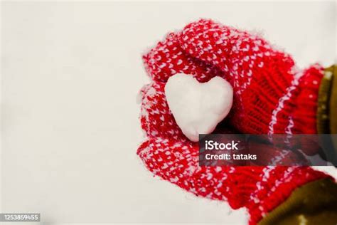 Heart Shaped Snowball In Hands In Knitted Mittens Stock Photo