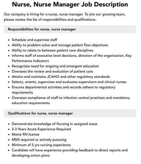 Nurse Nurse Manager Job Description Velvet Jobs