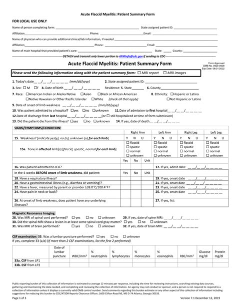 Acute Flaccid Myelitis Patient Summary Form Fill Out Sign Online