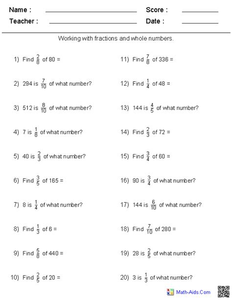 Fractional Parts And Whole Numbers Worksheet