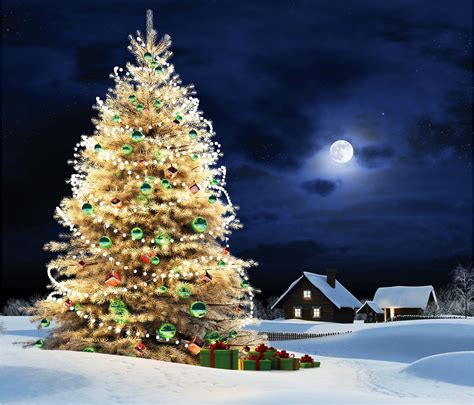 Download Moon Light Christmas Tree Night House Snow Winter Holiday