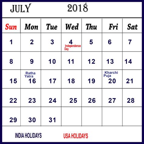 July 2018 Calendar With Holidays Uk Canada Usa Printable 2019