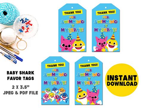 With images of baby shark, his family members, and his sea animals friends to color. Baby Shark Favor Tags, Baby Shark Thank You Tag, Baby ...