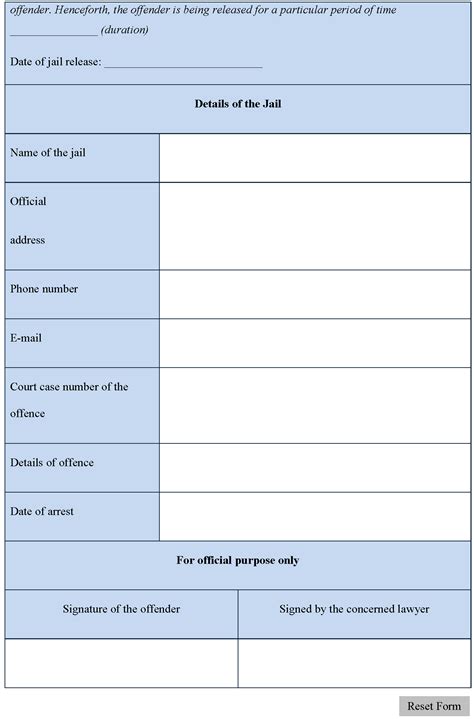 Printable Jail Release Form Template Free Printable Templates