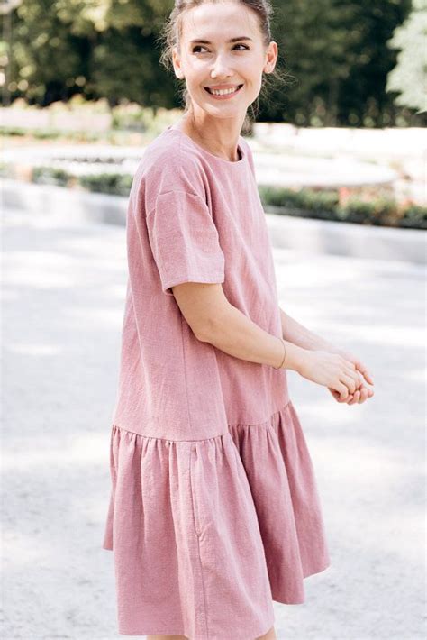 Linen Dress Midi Dress Elegant Dress Washed Linen Dress Etsy Pink