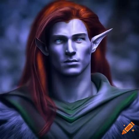 Image Of A Male Elf Wizard With Purple Gray Skin And Red Hair