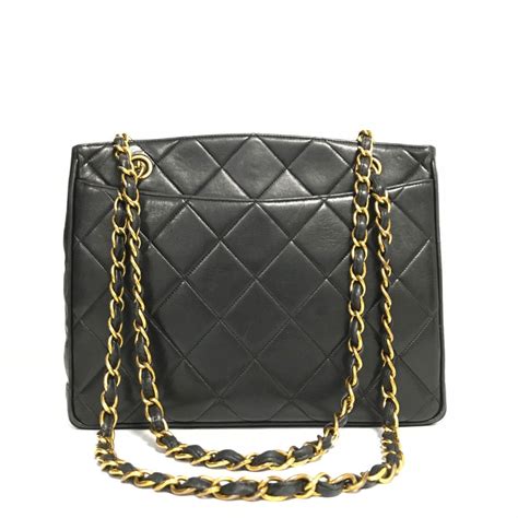 Chanel Vintage Black Quilted Lambskin Leather Tote Shoulder Bag Oliver