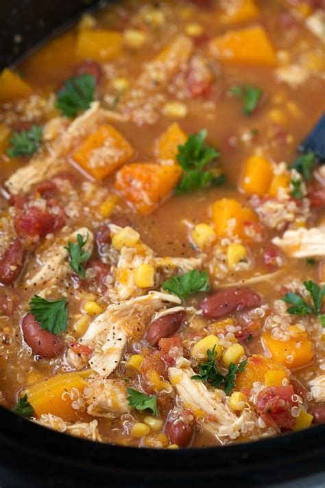 Topped with sour cream, green onions, salsa, hot sauce, and avocado, it's a fun and easy to eat healthy, without sacrificing an ounce of taste. Crockpot Butternut Squash, Chicken, and Quinoa Soup ...