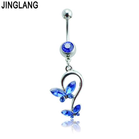 Jinglang Fashion Belly Button Rings 316l Stainless Steel Barbell Dangle Rhinestone Double