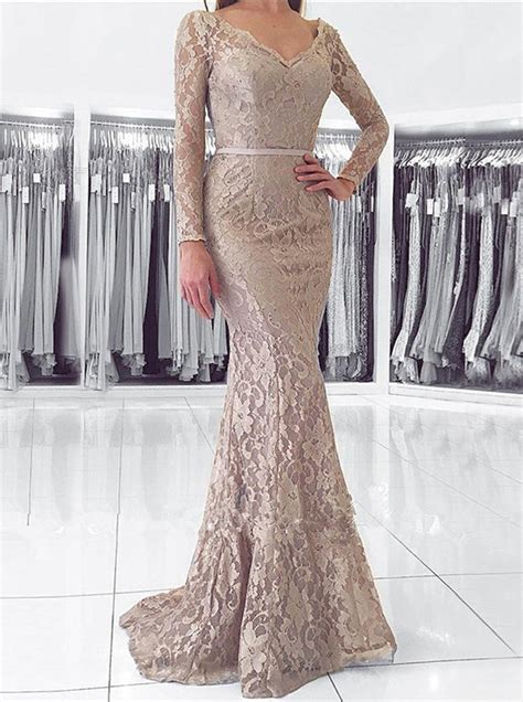Silver Mermaid Lace Evening Dress With Long Sleeveselegant Long Prom