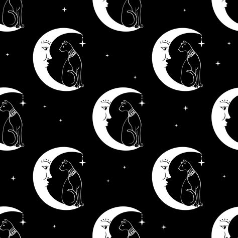 Cat Sitting On Moon Night Sky Seamless Pattern Background