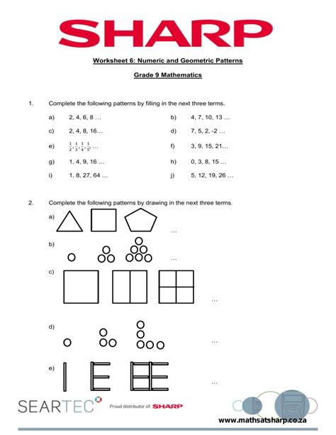 Grade 9 Mathematics Worksheet 6 Numeric And Geometric Patterns