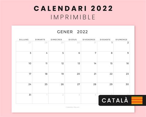Calendario Mensual 2022 Imprimible Català Descarga Etsy Finland