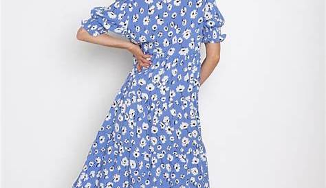 En Saison Floral Print Linen Midi Dress Blue IES1906D - Free Shipping