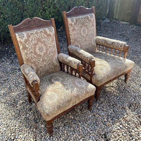 A Pair Of Late Victorian His And Hers Salon Armchairs Antique Chairs