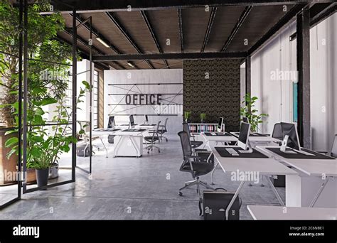 Contemporary Loft Office Interior 3d Rendering Design Concept Stock