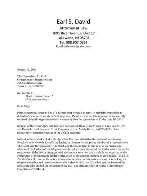 Cover Letter And Brief To Court For Foreclosure Defense 8 16 11