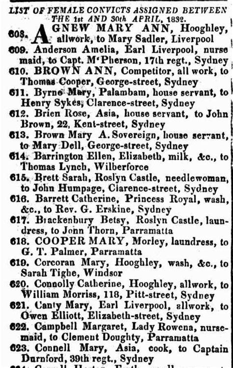 nsw list of female convicts assigned between the 1st and 30th april 1832 genealogy history
